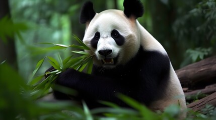 Obraz na płótnie Canvas Panda lazily munching on bamboo