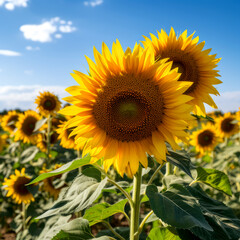 Obraz premium A field of sunflowers with blue sky in the background, ai