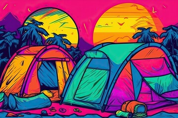 Camping with tent outdoor activity, pop art collage style in neon bold color (Ai generated)