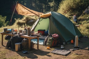 Tent and Camping Equipment for Outdoor Adventure (Ai generated)