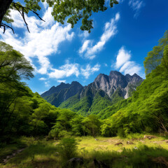 Fototapeta na wymiar A mountain range with green trees and blue sky, ai