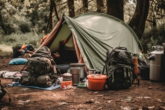 Tent and Camping Equipment for Outdoor Adventure (Ai generated)