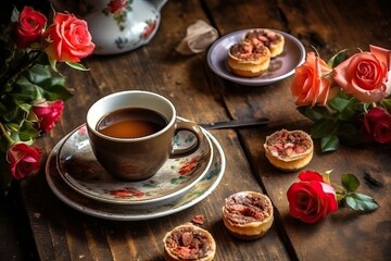 Fototapeta na wymiar Coffee breakfast in morning with rose, (Ai generated)