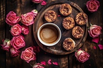 Obraz na płótnie Canvas Coffee mug with roses on brown rustic table (Ai generated)