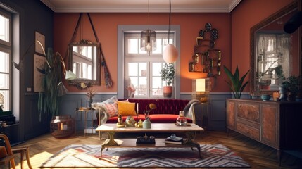 Eclectic interior design room with beautiful lightning generative ai