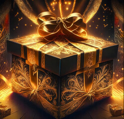 Magic beautiful big gift. Golden, beautifully decorated gift box. Generative AI