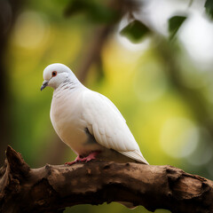 white dove perched on a branch, with a peaceful and calming tone, ai