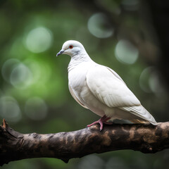 Fototapeta premium white dove perched on a branch, with a peaceful and calming tone, ai