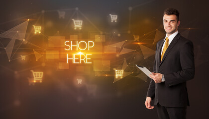 Businessman thinking about shopping concept