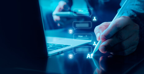 Hand written Digital chatbot to access data and information in online network. Robot Applications and Global Connectivity AI Artificial Intelligence innovation and technology AI assistance