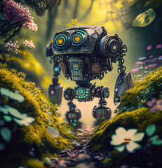 A cute modern robot walks along a path in the forest.