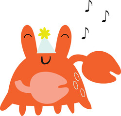 A cartoon crab with a hat. Hand Draw Isolated Sea Crab Dancing. Cute Cartoon Crab Vector Illustration