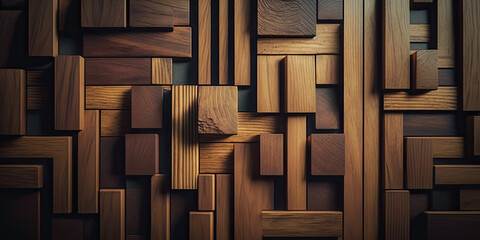 Wooden blocks as pattern background texture, close-up. Generative AI Illustration