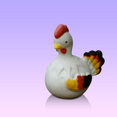 Obraz premium old white and red chicken on gradient purple and pink background, animal, object, decoration, vintage, gift, copy space