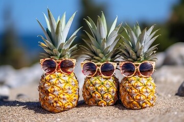 Family pineapples, Funny tropical fruit wearing sunglasses (Ai generated)