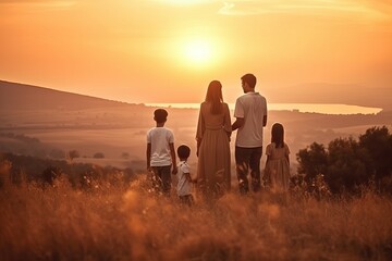 Fototapeta na wymiar Happy family mother father children son and daughter travel, sunset background (Ai generated)