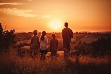 Fototapeta na wymiar Happy family mother father children son and daughter travel, sunset background (Ai generated)