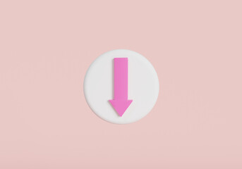 Arrow down icon on white circle shape button on pink background. Direction arrow down icon, download, point down button, Financial down, download internet data, Decrease sign. 3d render illustration