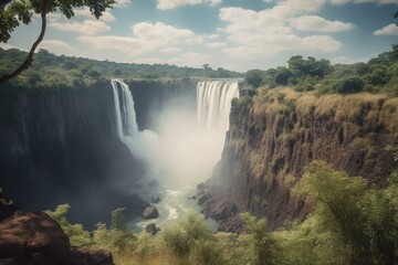 Scenic view of the Victoria Falls stretching across Zimbabwe and Zambia, showcasing the beautiful lake, picturesque mountains and waterfall. Generative AI - obrazy, fototapety, plakaty