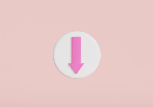 Arrow down icon on white circle shape button on pink background. Direction arrow down icon, download, point down button, Financial down, download internet data, Decrease sign. 3d render illustration