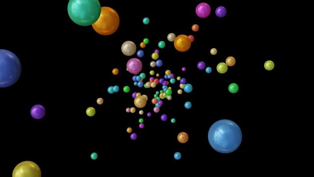 abstract black background with colorful 3d spheres or balls moving fast in different directions