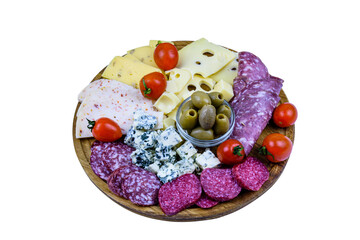 Slices of various types of cheese and dry smoked salami sausage isolated on a white background. Traditional italian antipasto platter