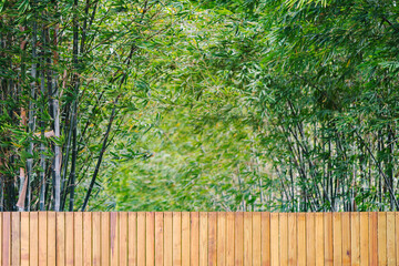 Beautiful brown wooden door decoration and blurred bamboo garden in background. A simple beautiful plank fence wall with bamboo. Beautiful view of a wooden gate in japanese garden. Nature background.