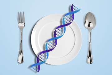 DNA structure on plate on colored background