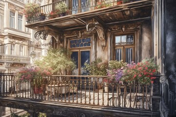 Fototapeta na wymiar Watercolor drawing of a building's balcony adorned with flowers. Generative AI