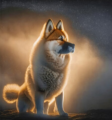 Fototapeta premium Beautiful cheerful Shiba Inu dog in the rays of the setting sun. Generative AI