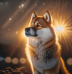Beautiful cheerful Shiba Inu dog in the rays of the setting sun. Generative AI