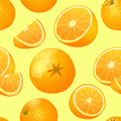 Oranges and orange slices on a light yellow or light orange background. Seamless pattern. Fruits and healthy food. Vitamins and minerals.Packaging paper and labels. Vector illustration.