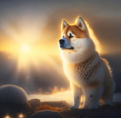 Beautiful cheerful Shiba Inu dog in the rays of the setting sun. Generative AI