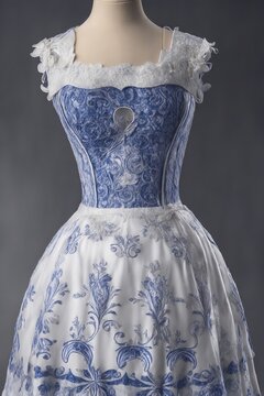 IA generativa Vestido azul y blanco detallado con bordes ornamentales en maniqu&iacute;, ambientado en 1860