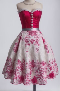 IA generativa Vestido rosa y blanco en maniqu&iacute; con dise&ntilde;o barroco hist&oacute;rico y brocado