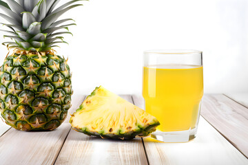 Fototapeta na wymiar Fresh pineapple juice and exotic fruits on wooden white background, Generative AI