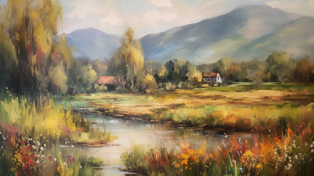 Digital oil painting of peaceful rural landscape with river, mountains and farm houses, impressionism, beautiful artistic image for poster, wallpaper, art print etc. Generative AI.