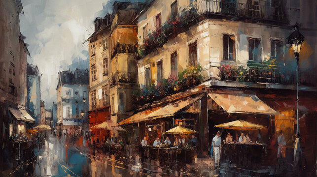 Digital oil painting of the Montmartre district in Paris with people sitting in cafes and restaurants, impressionism, beautiful artistic image for poster, wallpaper, art print etc. Generative AI.