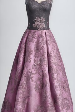 IA generativa Vestido en maniqu&iacute; con brocado real y esquema de color magenta y gris, estilo de 1954