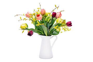 Elegant mixed tulips spring bouquet in white vase on white background. Spring tulips. Tulips bouquet cut out.