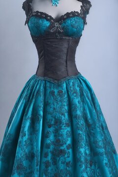 IA generativa Vestido azul y negro en maniqu&iacute; con dise&ntilde;o victoriano y esquema de color turquesa