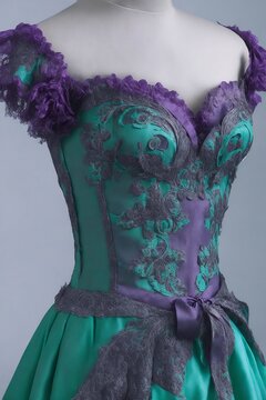 IA generativa Primer plano de un vestido en maniqu&iacute; con cors&eacute; cian y esquema de colores morado y verde
