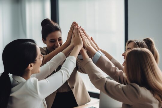 shot of a group of colleagues giving each other a high five. generative AI