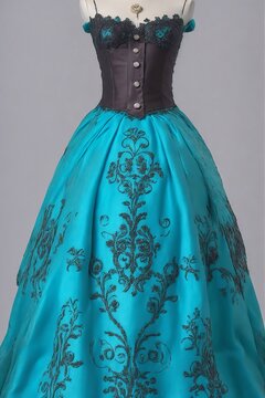IA generativa Vestido azul y negro en maniqu&iacute; con esquema de colores turquesa y estilo steampunk