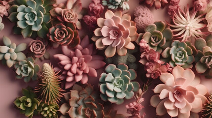 Succulents. Pink background, flat lay, top view. Generative AI.