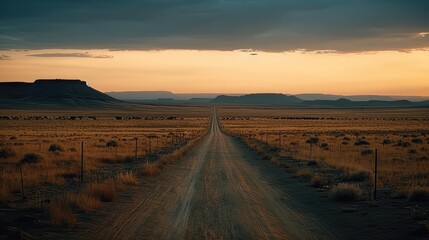 Rural open landscape with an seemingly endless road during sunset