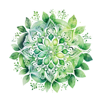 Sahasrara chakra green mandala watercolor vector Illustration isolated