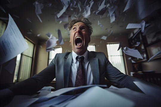 Businessman is drowning in a pile of documents and asking for help, screaming angry in stress while scattering documents around. Generative AI.