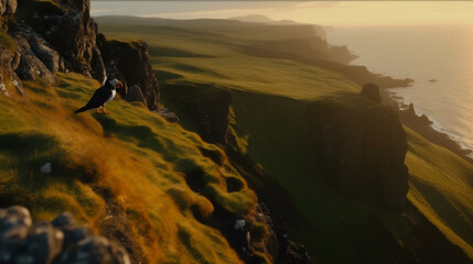 Icelandic Puffin Bird with beautiful landscape in the golden hour AI