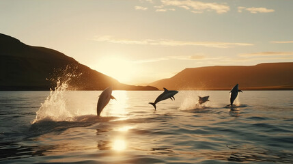 Dolphin underwater with some sun in the golden hour of Iceland AI